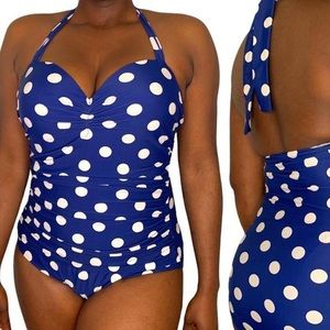 Retro slimming navy blue white polka dot swimsuit (one pieces)